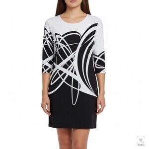 Valentina Black & White Abstract Print Dress M Stretch 3/4 Sleeve Bodycon